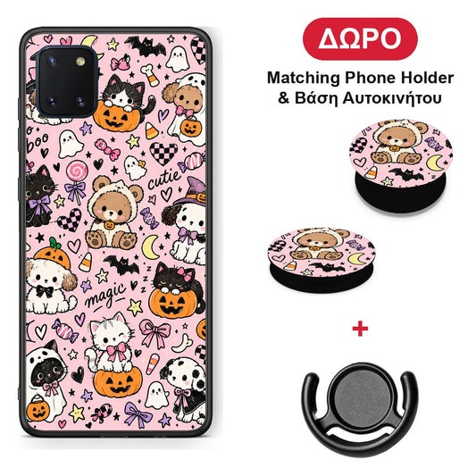 Halloween Cute Animals on Pink - Samsung Galaxy Note 10 Lite θήκη + Δώρο Phone Holder & Βάση Αυτοκινήτου