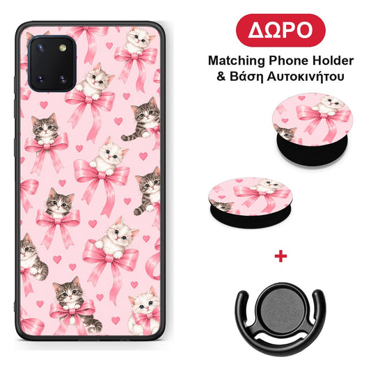 Kittens and Pink Bows on Pink - Samsung Galaxy Note 10 Lite θήκη + Δώρο Phone Holder & Βάση Αυτοκινήτου