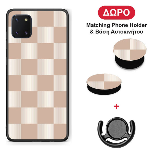 Latte and Cream Striped Checks - Samsung Galaxy Note 10 Lite θήκη + Δώρο Phone Holder & Βάση Αυτοκινήτου