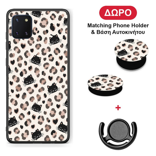 Leopard Spots and Black Cats on Cream - Samsung Galaxy Note 10 Lite θήκη + Δώρο Phone Holder & Βάση Αυτοκινήτου