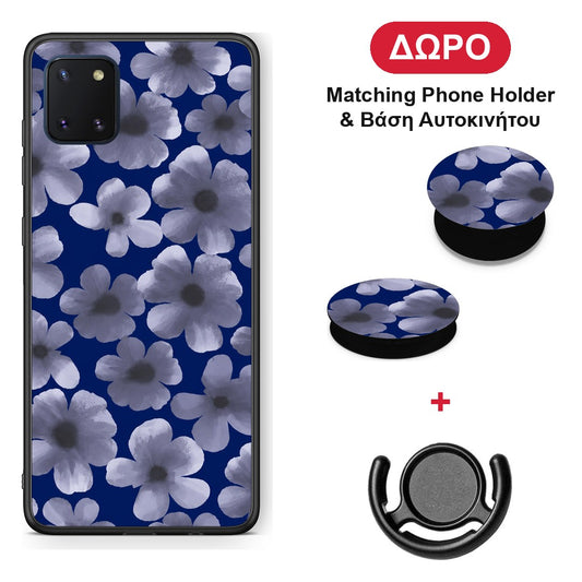 Pale Blue Flowers on Navy - Samsung Galaxy Note 10 Lite θήκη + Δώρο Phone Holder & Βάση Αυτοκινήτου