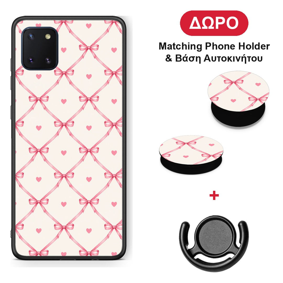 Pink Bow Lattice and Hearts on Cream - Samsung Galaxy Note 10 Lite θήκη + Δώρο Phone Holder & Βάση Αυτοκινήτου