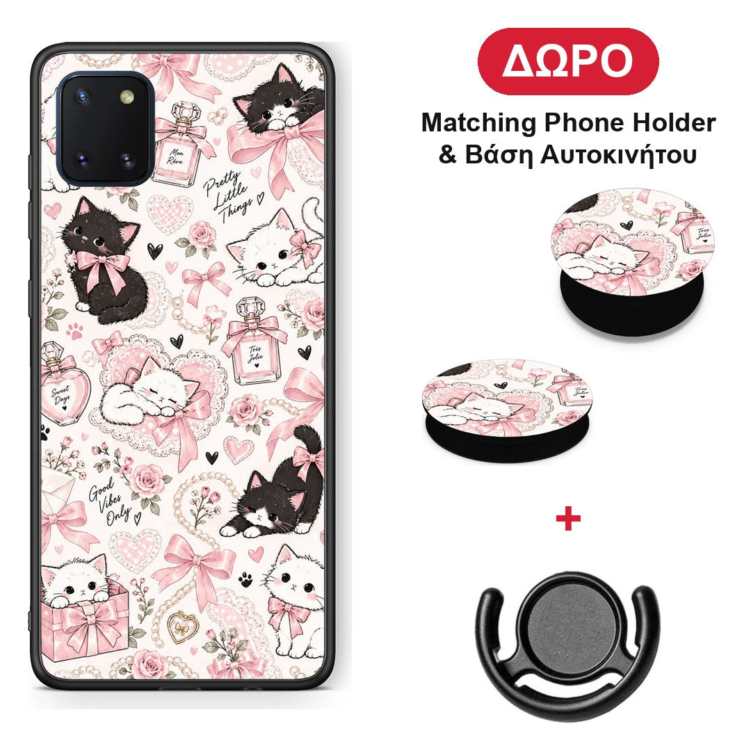 Pink Bows and Kittens Collage - Samsung Galaxy Note 10 Lite θήκη + Δώρο Phone Holder & Βάση Αυτοκινήτου
