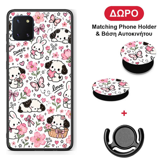 Pink Florals Puppies and Bunnies on White - Samsung Galaxy Note 10 Lite θήκη + Δώρο Phone Holder & Βάση Αυτοκινήτου