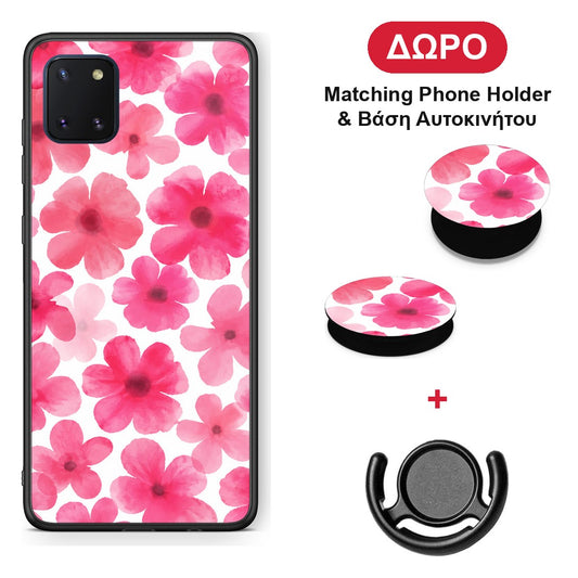 Pink Watercolour Flowers on White - Samsung Galaxy Note 10 Lite θήκη + Δώρο Phone Holder & Βάση Αυτοκινήτου