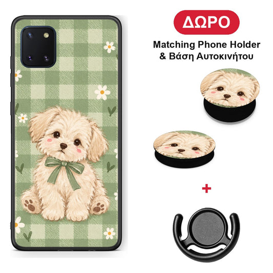 Puppy and Daisies on Sage Gingham - Samsung Galaxy Note 10 Lite θήκη + Δώρο Phone Holder & Βάση Αυτοκινήτου