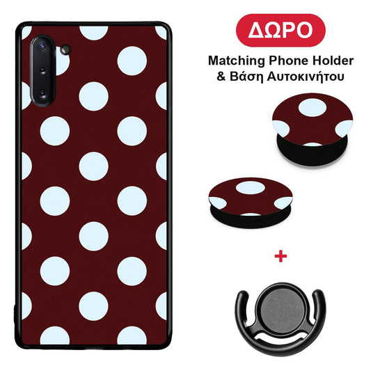 Pale Blue Large Polka Dots on Burgundy - Samsung Galaxy Note 10 θήκη + Δώρο Phone Holder & Βάση Αυτοκινήτου