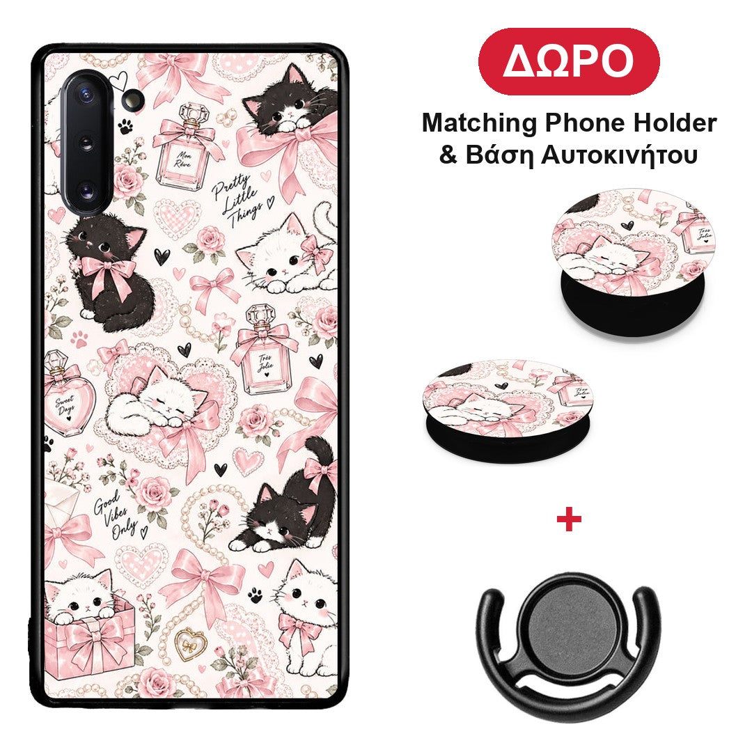 Pink Bows and Kittens Collage - Samsung Galaxy Note 10 θήκη + Δώρο Phone Holder & Βάση Αυτοκινήτου