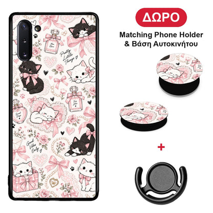Pink Bows and Kittens Collage - Samsung Galaxy Note 10 θήκη + Δώρο Phone Holder & Βάση Αυτοκινήτου
