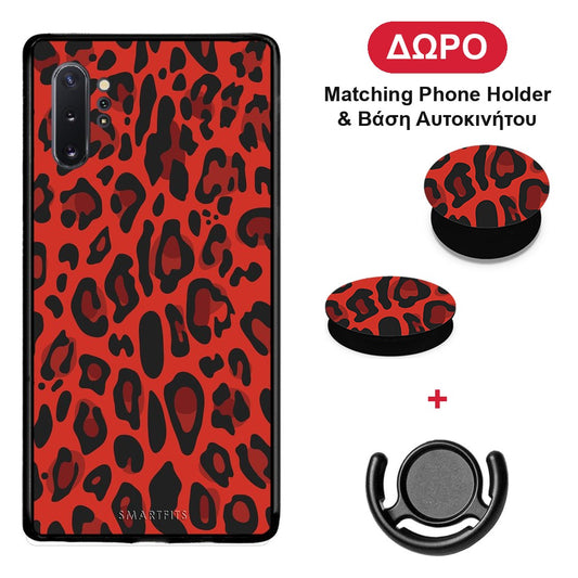 Animal Red Leopard - Samsung Galaxy Note 10+ θήκη + Δώρο Phone Holder & Βάση Αυτοκινήτου