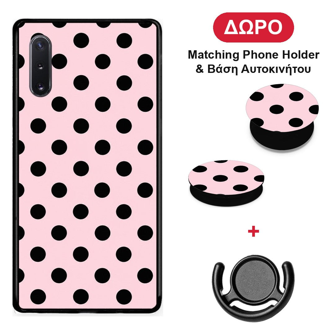 Black Polka Dots on Pink - Samsung Galaxy Note 10+ θήκη + Δώρο Phone Holder & Βάση Αυτοκινήτου