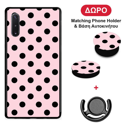 Black Polka Dots on Pink - Samsung Galaxy Note 10+ θήκη + Δώρο Phone Holder & Βάση Αυτοκινήτου