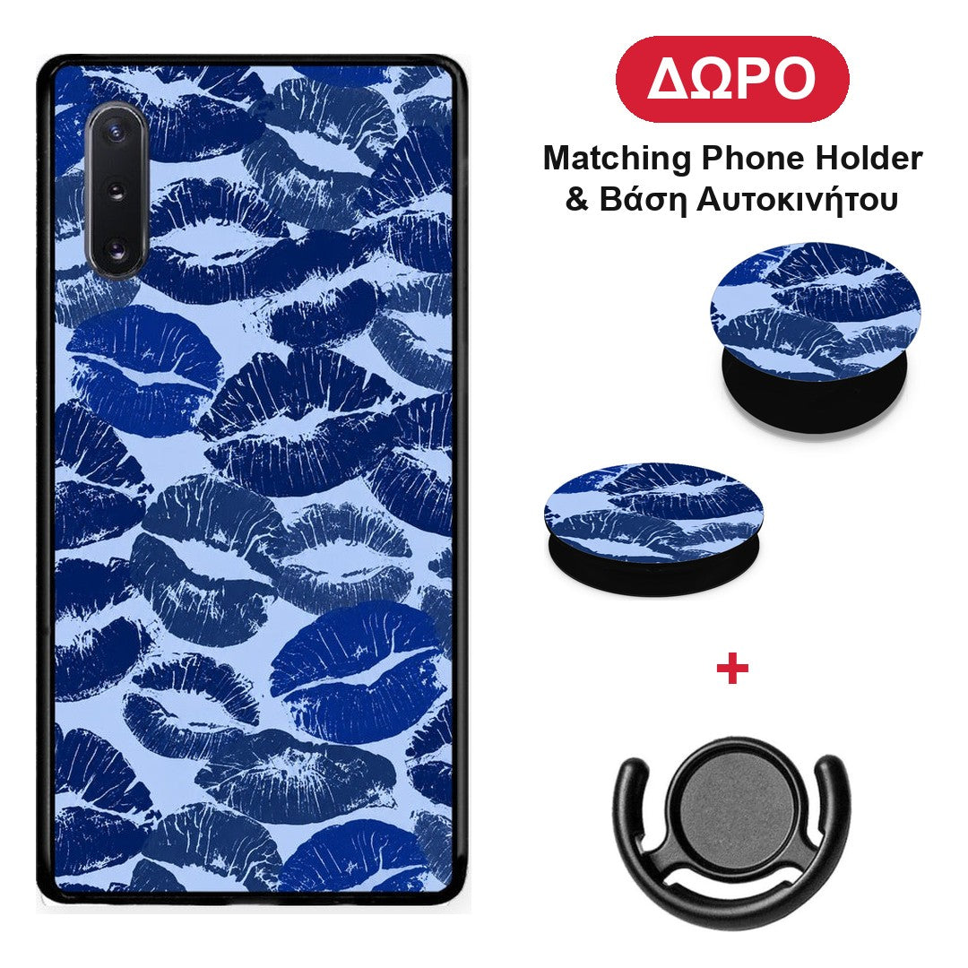 Blue Lipstick Kisses - Samsung Galaxy Note 10+ θήκη + Δώρο Phone Holder & Βάση Αυτοκινήτου