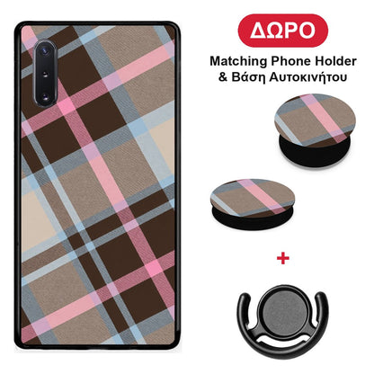 Brown Pink and Blue Diagonal Plaid - Samsung Galaxy Note 10+ θήκη + Δώρο Phone Holder & Βάση Αυτοκινήτου