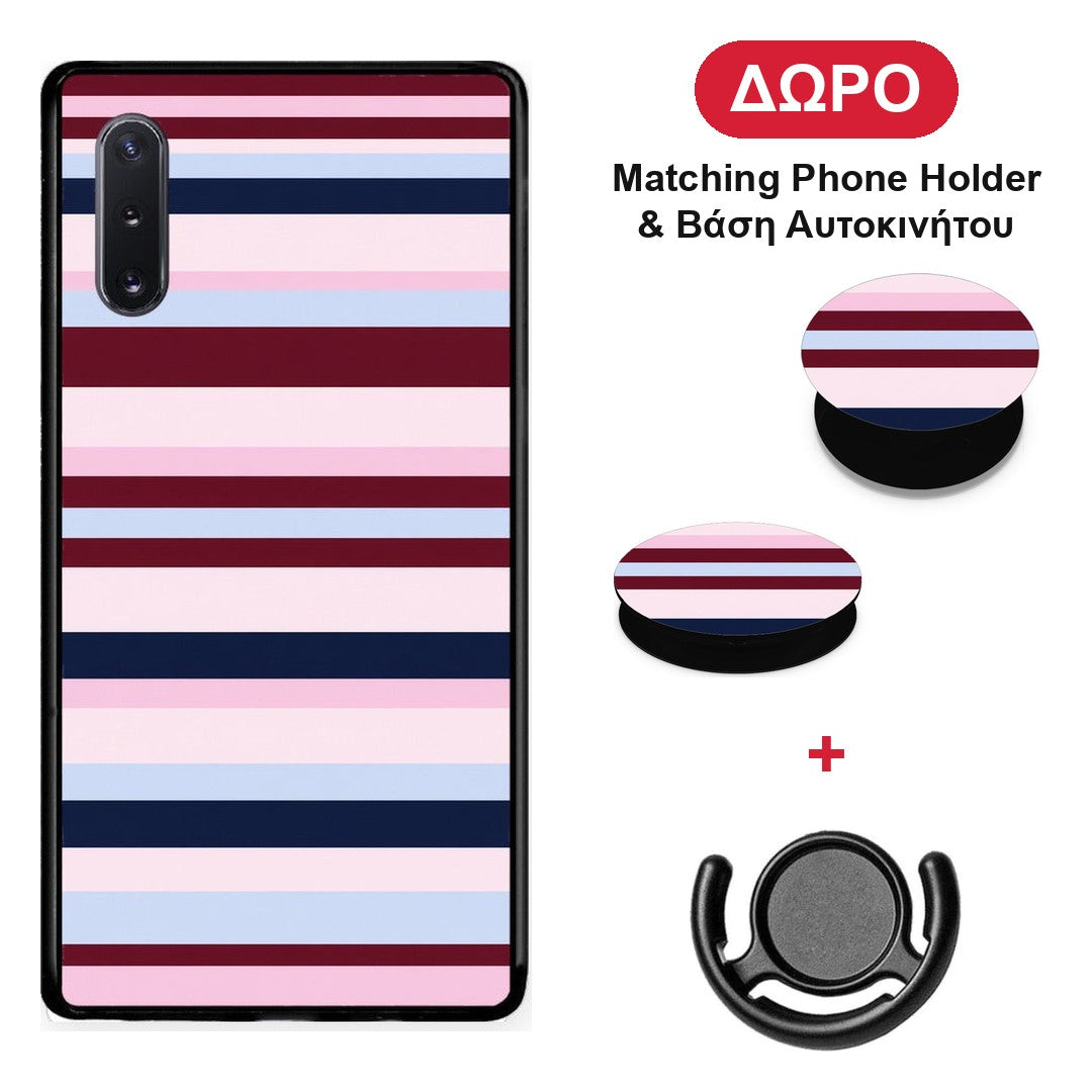 Burgundy Pink and Blue Horizontal Stripes - Samsung Galaxy Note 10+ θήκη + Δώρο Phone Holder & Βάση Αυτοκινήτου