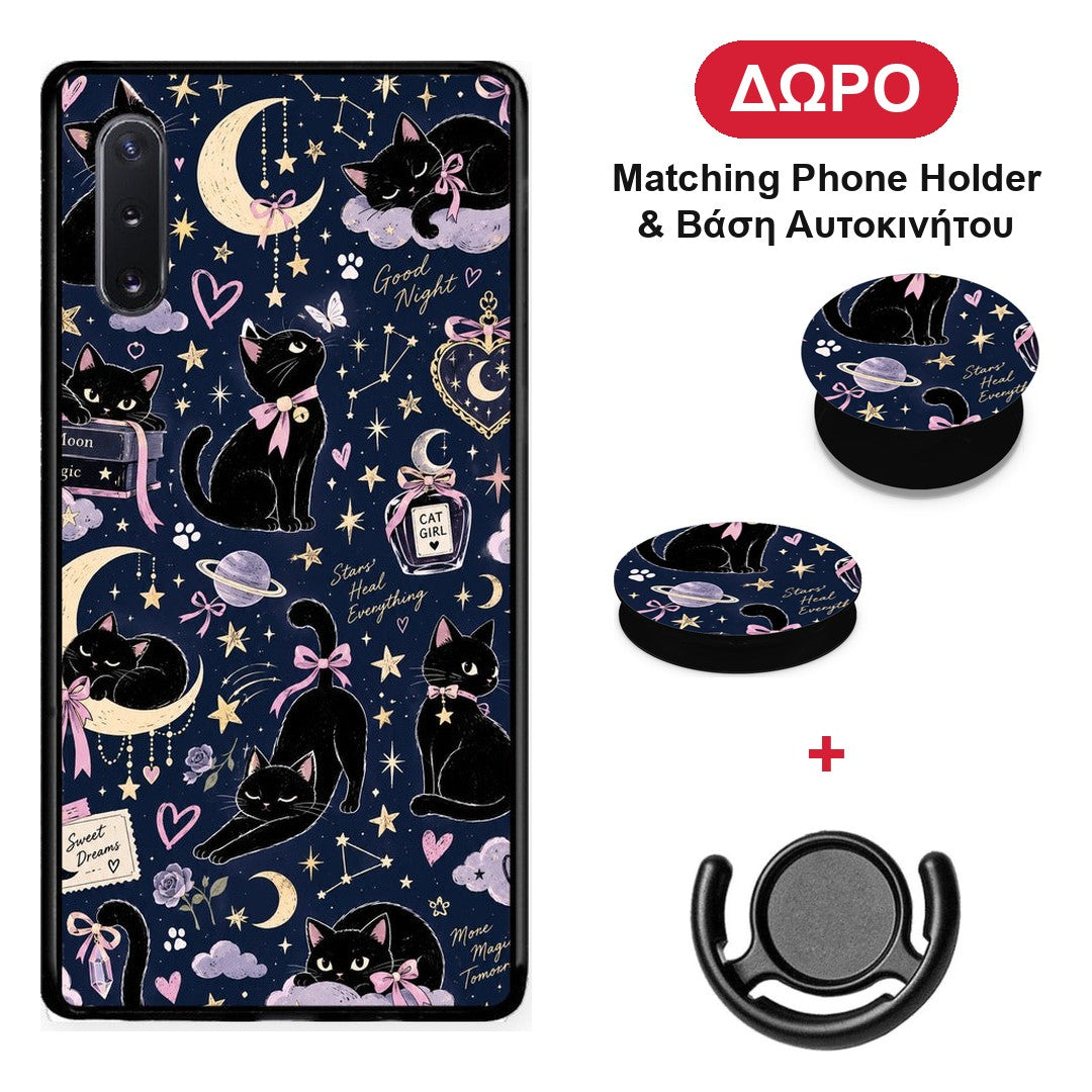 Celestial Black Cats on Navy - Samsung Galaxy Note 10+ θήκη + Δώρο Phone Holder & Βάση Αυτοκινήτου