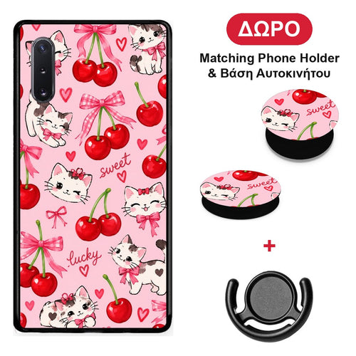 Cherries Bows and Kittens on Pink - Samsung Galaxy Note 10+ θήκη + Δώρο Phone Holder & Βάση Αυτοκινήτου