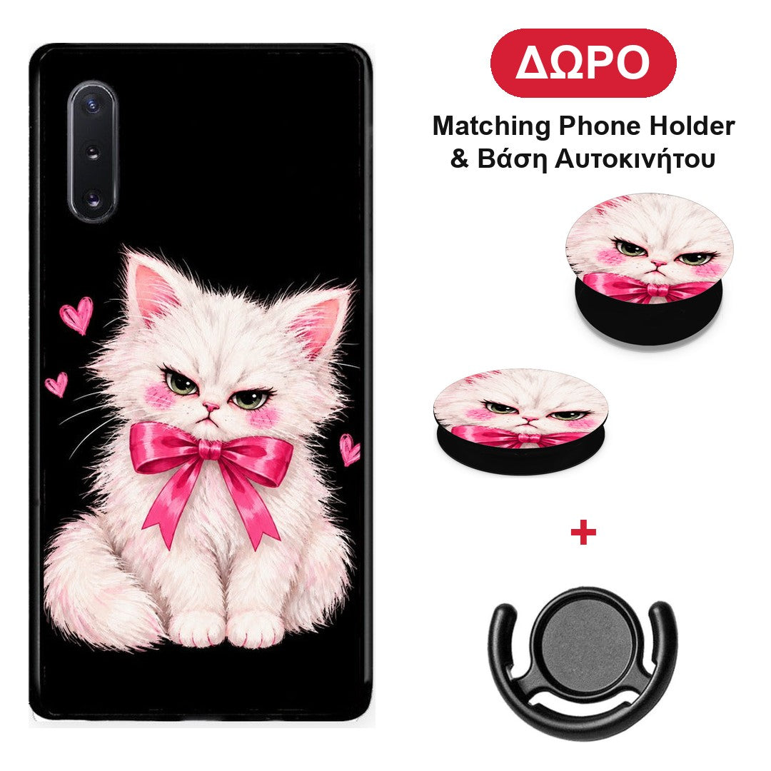 Grumpy Party Kitten on Black - Samsung Galaxy Note 10+ θήκη + Δώρο Phone Holder & Βάση Αυτοκινήτου
