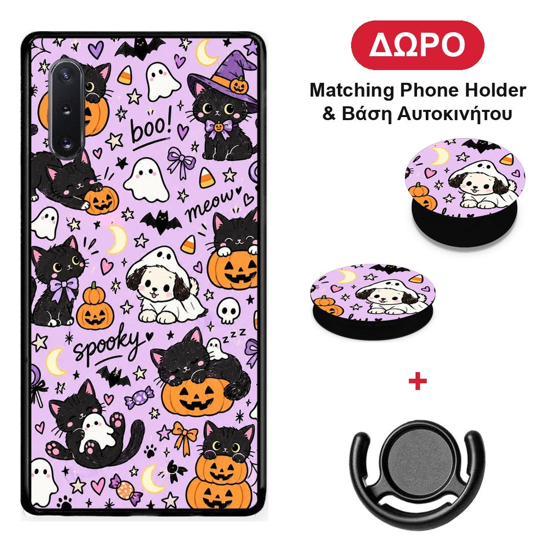 Halloween Black Cats on Lilac - Samsung Galaxy Note 10+ θήκη + Δώρο Phone Holder & Βάση Αυτοκινήτου