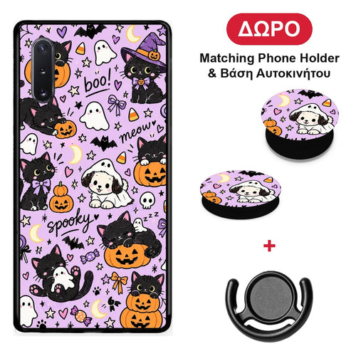 Halloween Black Cats on Lilac - Samsung Galaxy Note 10+ θήκη + Δώρο Phone Holder & Βάση Αυτοκινήτου