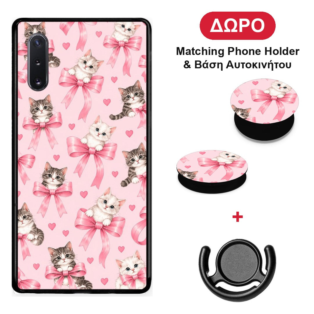 Kittens and Pink Bows on Pink - Samsung Galaxy Note 10+ θήκη + Δώρο Phone Holder & Βάση Αυτοκινήτου