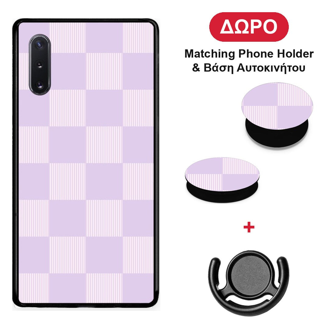 Lilac and Cream Striped Checks - Samsung Galaxy Note 10+ θήκη + Δώρο Phone Holder & Βάση Αυτοκινήτου