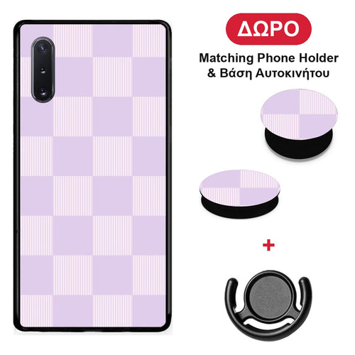 Lilac and Cream Striped Checks - Samsung Galaxy Note 10+ θήκη + Δώρο Phone Holder & Βάση Αυτοκινήτου