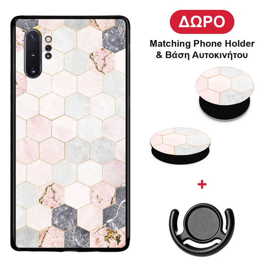 Marble Hexagon Pink - Samsung Galaxy Note 10+ θήκη + Δώρο Phone Holder & Βάση Αυτοκινήτου