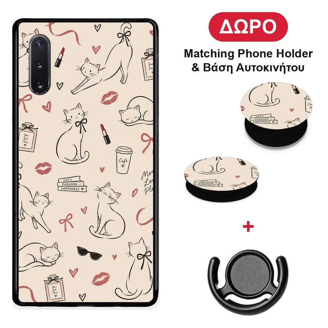 Minimal Cat and Fashion Doodles on Cream - Samsung Galaxy Note 10+ θήκη + Δώρο Phone Holder & Βάση Αυτοκινήτου