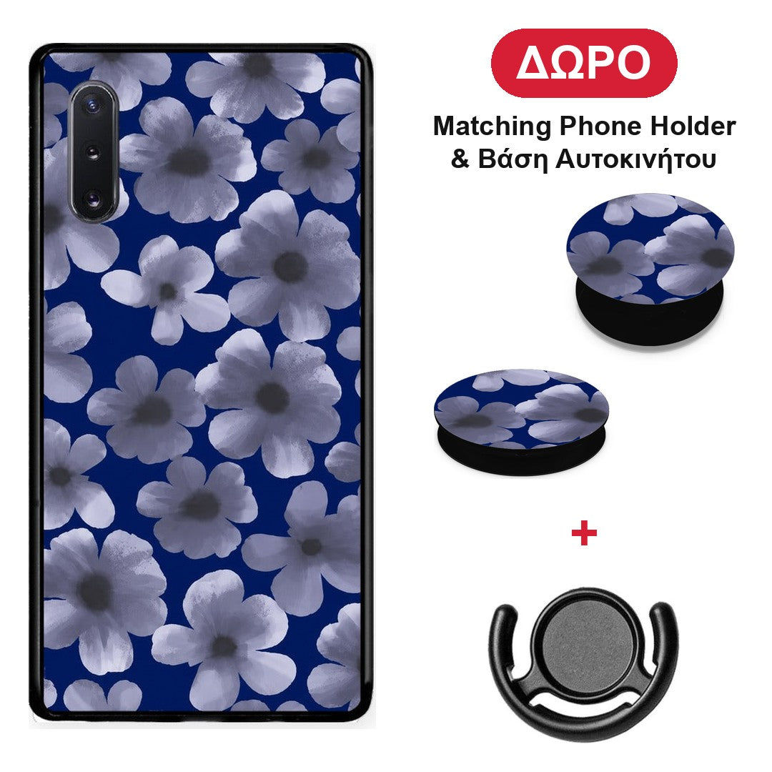 Pale Blue Flowers on Navy - Samsung Galaxy Note 10+ θήκη + Δώρο Phone Holder & Βάση Αυτοκινήτου