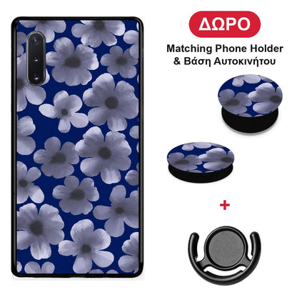 Pale Blue Flowers on Navy - Samsung Galaxy Note 10+ θήκη + Δώρο Phone Holder & Βάση Αυτοκινήτου