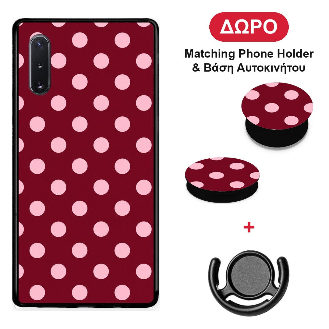 Pink Polka Dots on Burgundy - Samsung Galaxy Note 10+ θήκη + Δώρο Phone Holder & Βάση Αυτοκινήτου