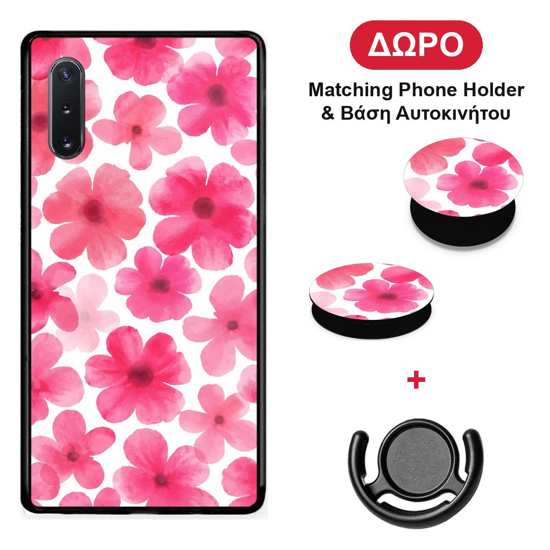Pink Watercolour Flowers on White - Samsung Galaxy Note 10+ θήκη + Δώρο Phone Holder & Βάση Αυτοκινήτου