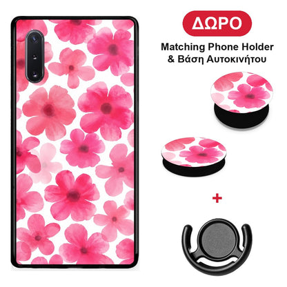Pink Watercolour Flowers on White - Samsung Galaxy Note 10+ θήκη + Δώρο Phone Holder & Βάση Αυτοκινήτου