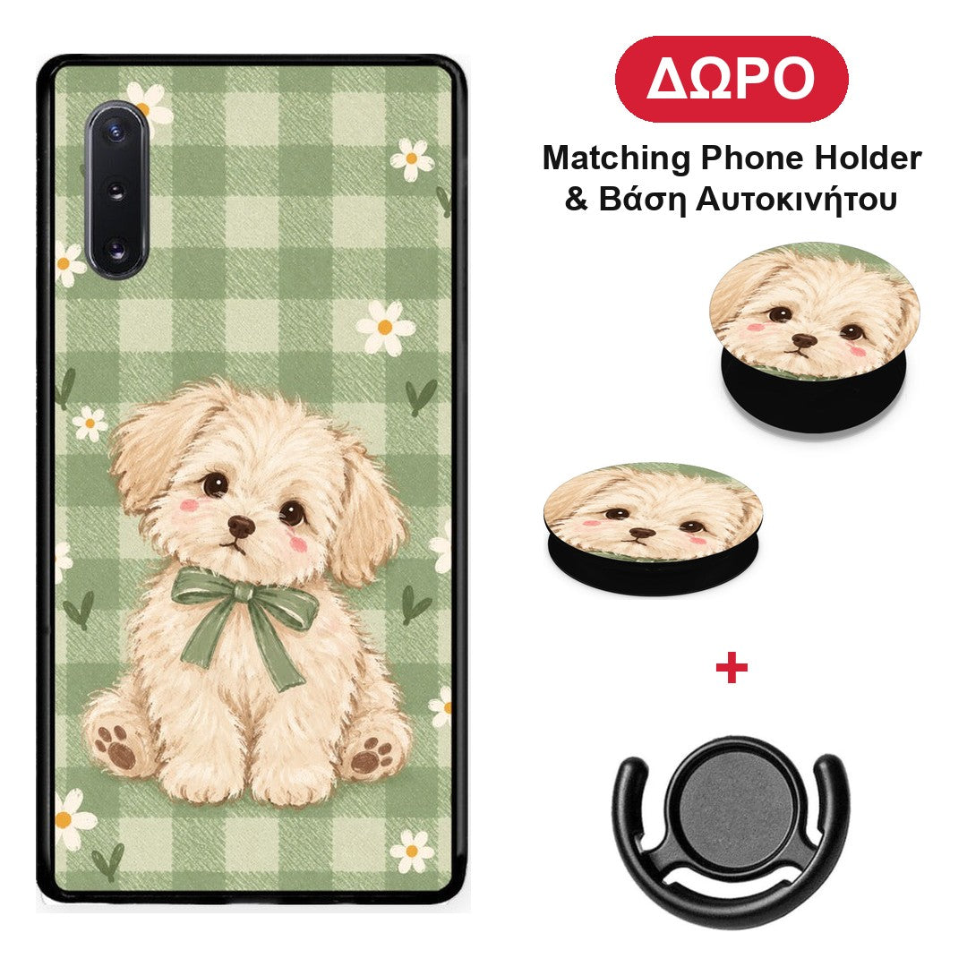 Puppy and Daisies on Sage Gingham - Samsung Galaxy Note 10+ θήκη + Δώρο Phone Holder & Βάση Αυτοκινήτου