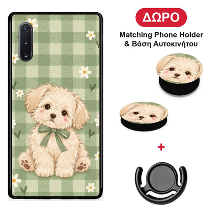 Puppy and Daisies on Sage Gingham - Samsung Galaxy Note 10+ θήκη + Δώρο Phone Holder & Βάση Αυτοκινήτου