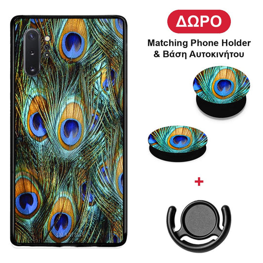 Real Peacock Feathers - Samsung Galaxy Note 10+ θήκη + Δώρο Phone Holder & Βάση Αυτοκινήτου