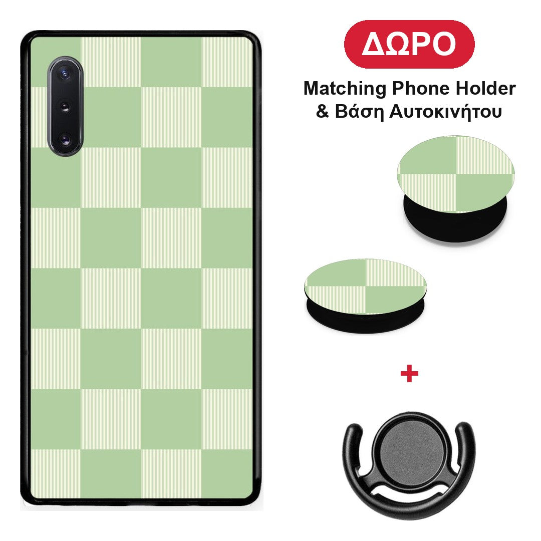 Sage and Cream Striped Checks - Samsung Galaxy Note 10+ θήκη + Δώρο Phone Holder & Βάση Αυτοκινήτου