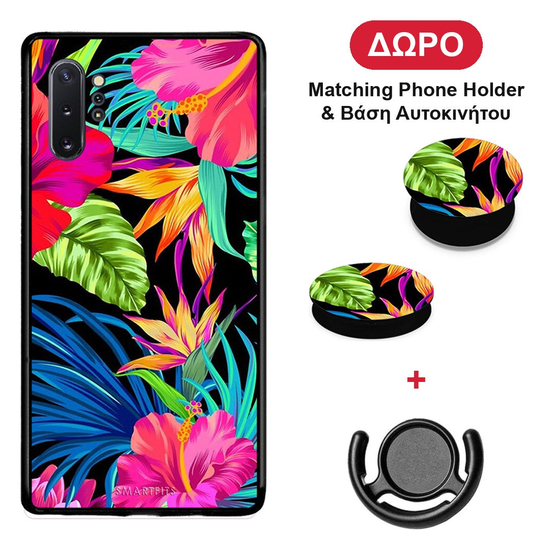 Tropical Flowers - Samsung Galaxy Note 10+ θήκη + Δώρο Phone Holder & Βάση Αυτοκινήτου