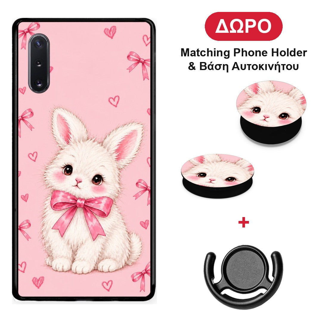 White Bunny and Pink Bows - Samsung Galaxy Note 10+ θήκη + Δώρο Phone Holder & Βάση Αυτοκινήτου