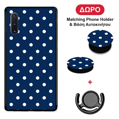 White Small Polka Dots on Navy - Samsung Galaxy Note 10+ θήκη + Δώρο Phone Holder & Βάση Αυτοκινήτου