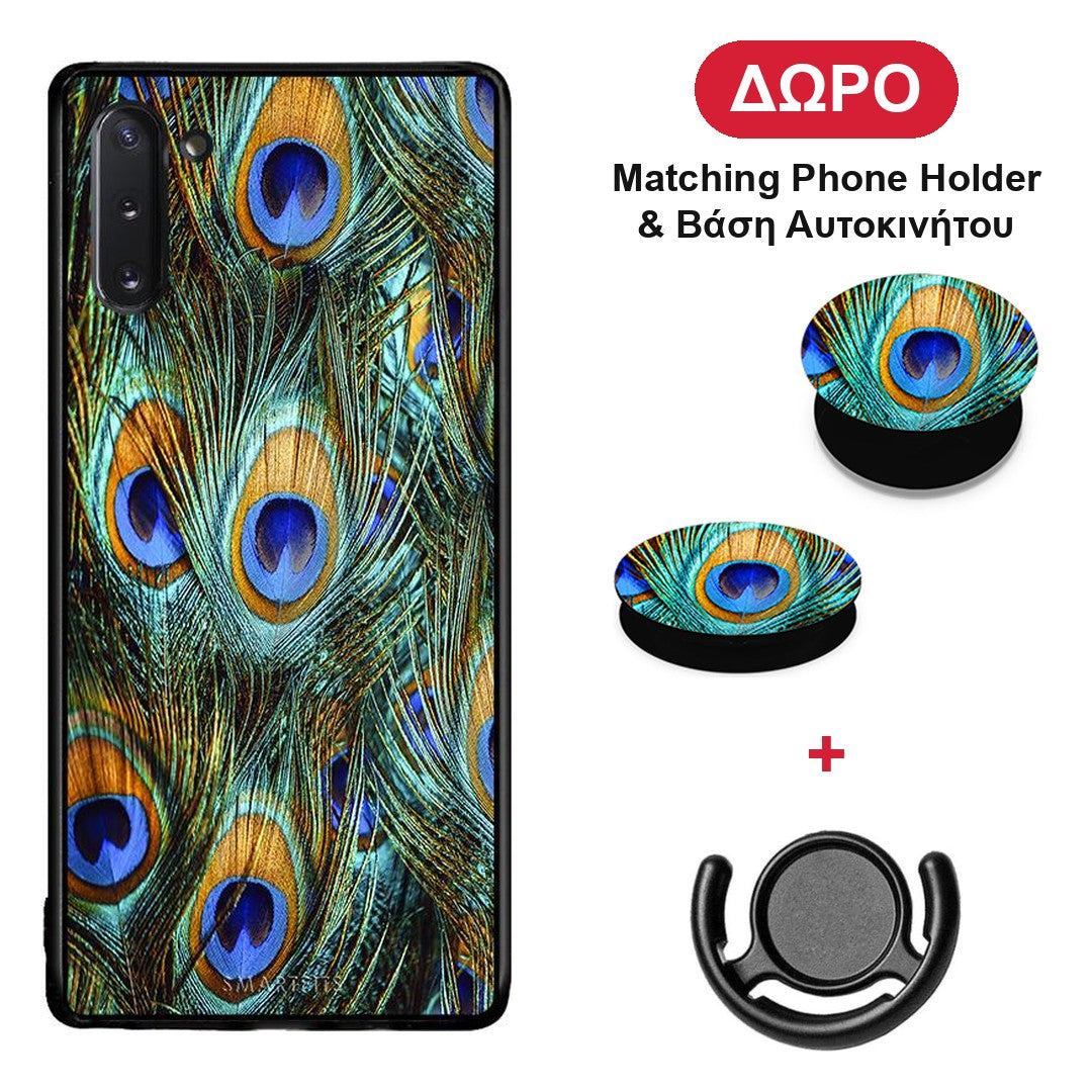 Real Peacock Feathers - Samsung Galaxy Note 10 θήκη + Δώρο Phone Holder & Βάση Αυτοκινήτου