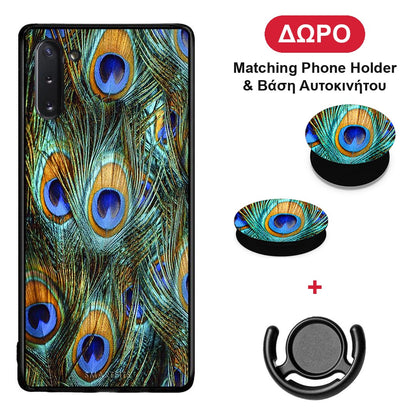 Real Peacock Feathers - Samsung Galaxy Note 10 θήκη + Δώρο Phone Holder & Βάση Αυτοκινήτου