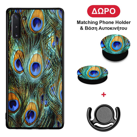 Real Peacock Feathers - Samsung Galaxy Note 10 θήκη + Δώρο Phone Holder & Βάση Αυτοκινήτου