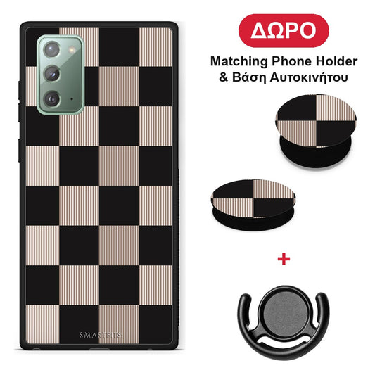 Black and Taupe Striped Checks - Samsung Galaxy Note 20 θήκη + Δώρο Phone Holder & Βάση Αυτοκινήτου