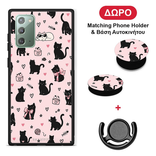 Black Cat Doodles on Pink - Samsung Galaxy Note 20 θήκη + Δώρο Phone Holder & Βάση Αυτοκινήτου
