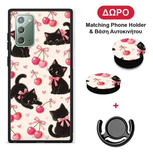 Black Kittens and Cherries on Cream - Samsung Galaxy Note 20 θήκη + Δώρο Phone Holder & Βάση Αυτοκινήτου
