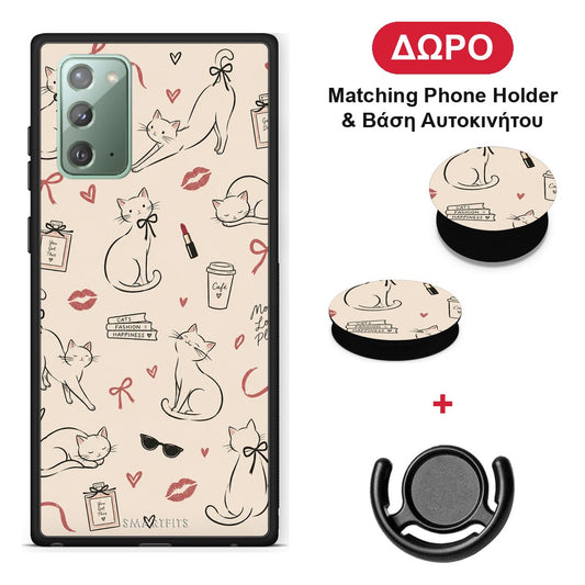 Minimal Cat and Fashion Doodles on Cream - Samsung Galaxy Note 20 θήκη + Δώρο Phone Holder & Βάση Αυτοκινήτου