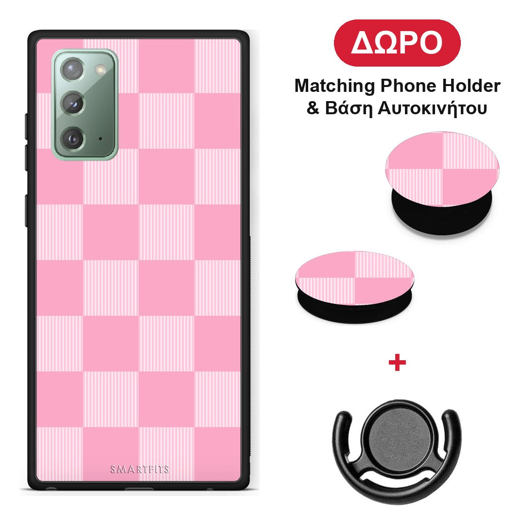 Pink and White Striped Checks - Samsung Galaxy Note 20 θήκη + Δώρο Phone Holder & Βάση Αυτοκινήτου