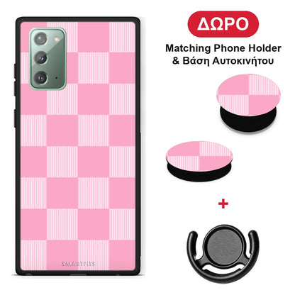 Pink and White Striped Checks - Samsung Galaxy Note 20 θήκη + Δώρο Phone Holder & Βάση Αυτοκινήτου